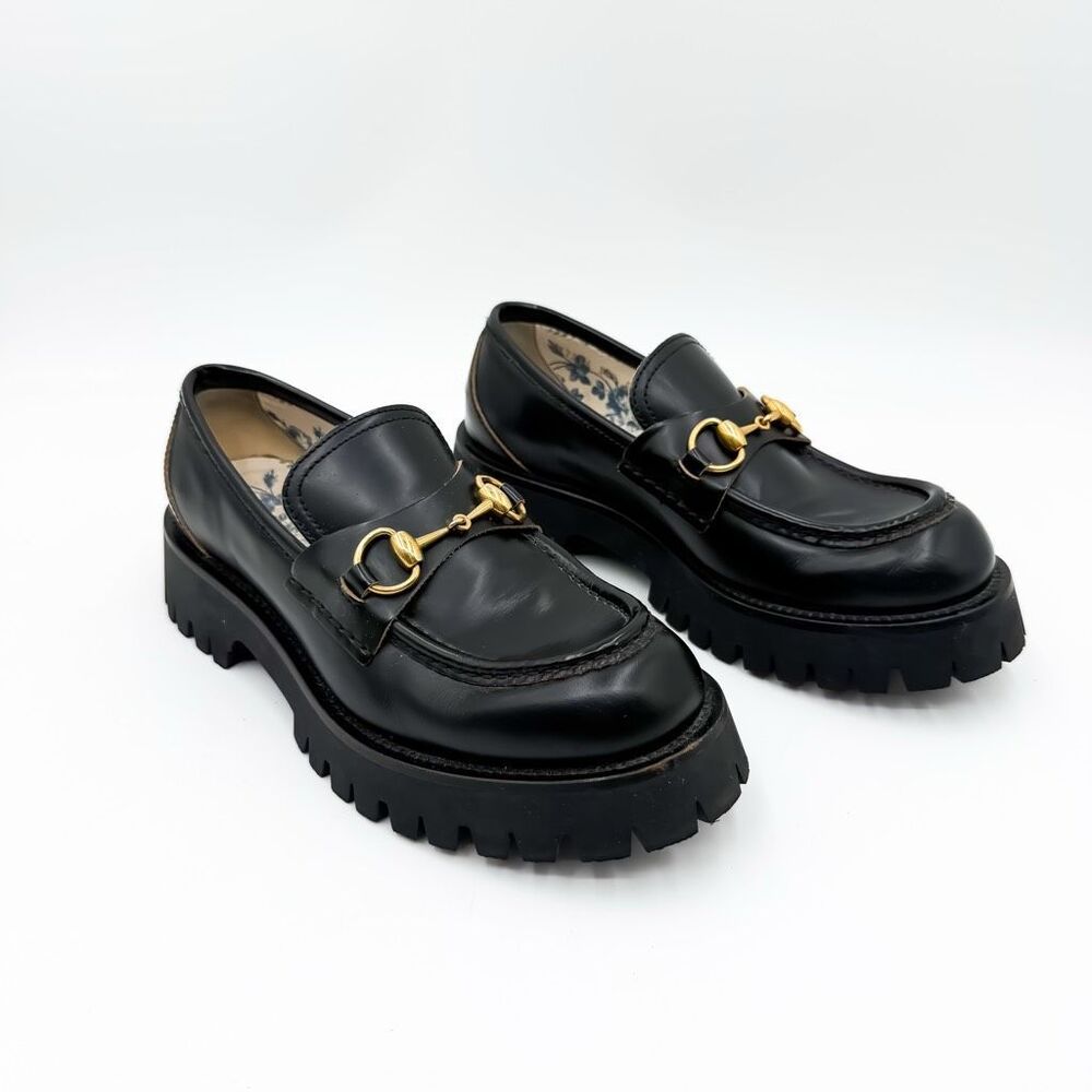 Gucci Horsebit Cordovan Lux Lug Sole Platform Loafer Black Leather EU 38.5 US 8.
